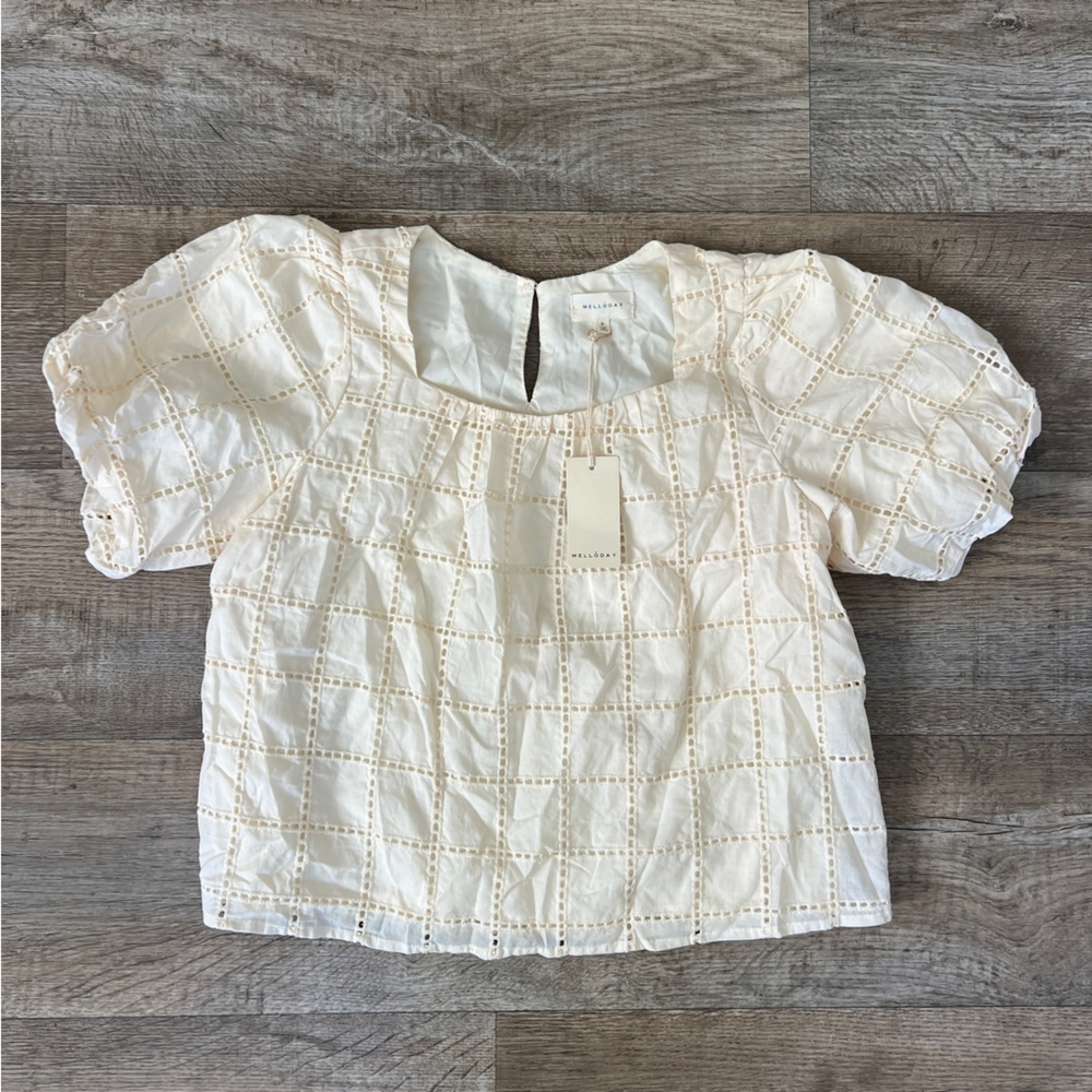 Melloday Puff Sleeve Eyelet Checker Print Blouse in Ivory